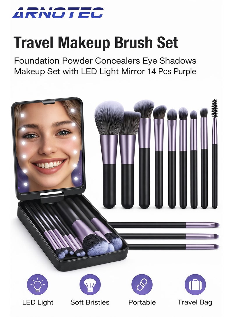ARNOTEC 14-Piece Travel Makeup Brush Set with LED Light Mirror – Professional Foundation, Powder, Concealer & Eye Makeup Brushes, Soft Synthetic Bristles, Portable Storage Case (Purple) - Image 1